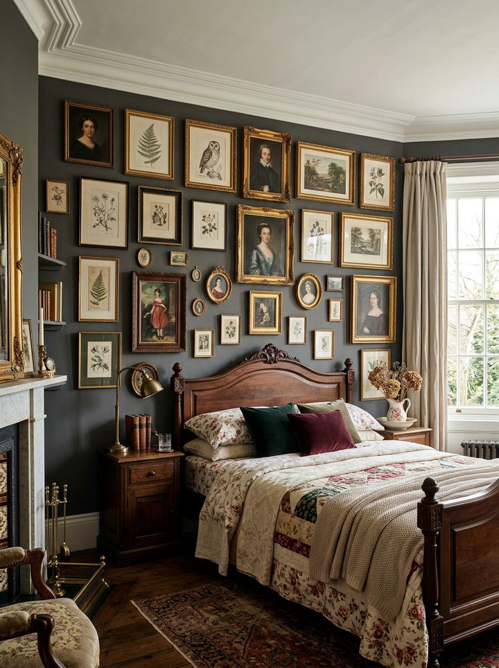 Victorian Gallery Wall Bedroom - 30 dark academia bedroom ideas