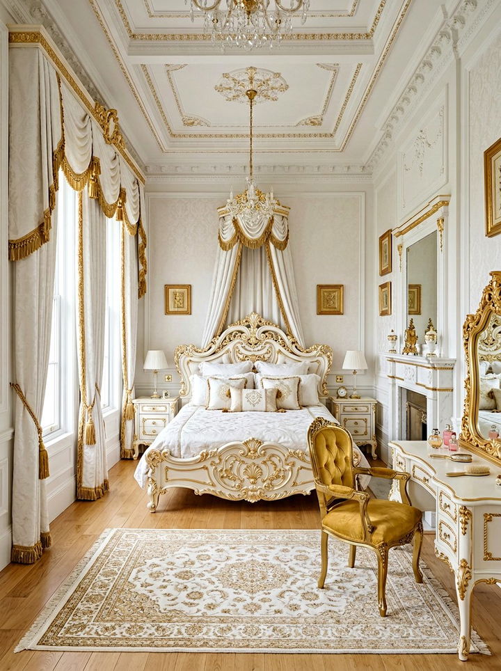Victorian white bedroom with gold trim - 30 gold and white bedroom ideas