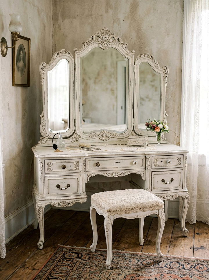 Vintage Antique Vanity With Trifold Mirror - 30 bedroom makeup vanities