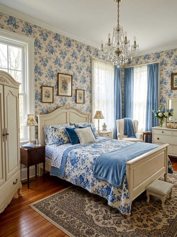 Vintage Blue Floral Bedroom - 30 blue bedroom decor ideas