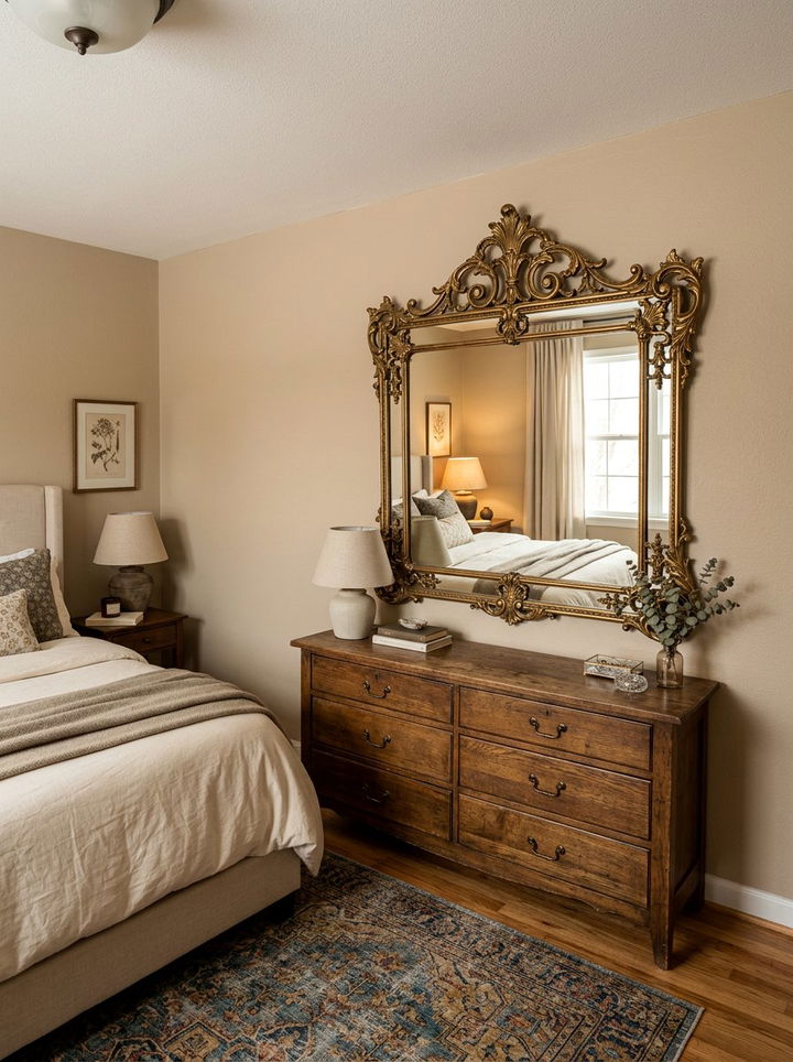 Vintage Brass Mirror - 30 warm toned bedroom ideas