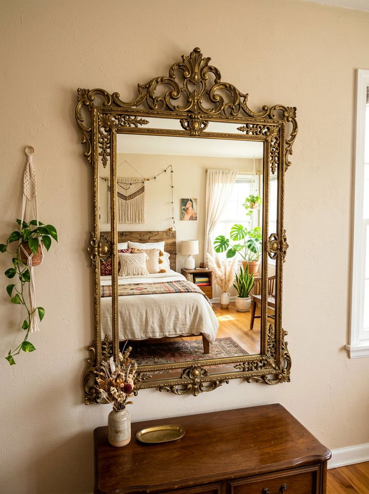 Vintage Brass Mirror - 30 bohemian beige bedroom ideas