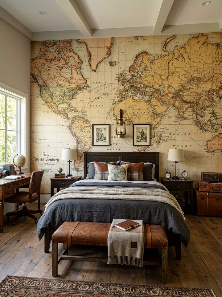 Vintage Map Wall Bedroom - 30 repurposed bedroom ideas