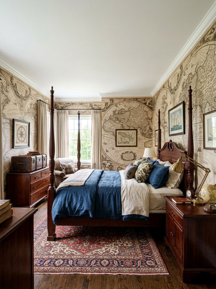 Vintage Map Wallpaper - 30 travel themed bedroom ideas