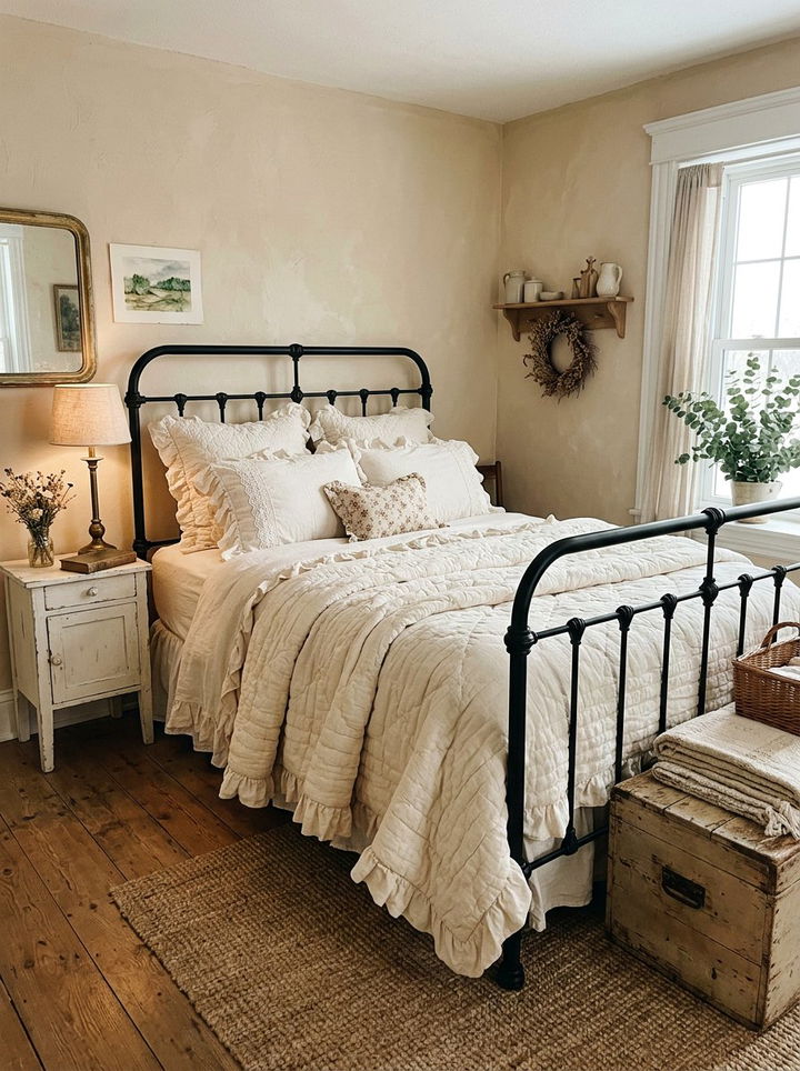 Vintage Metal Bed - 30 farmhouse beige bedroom ideas