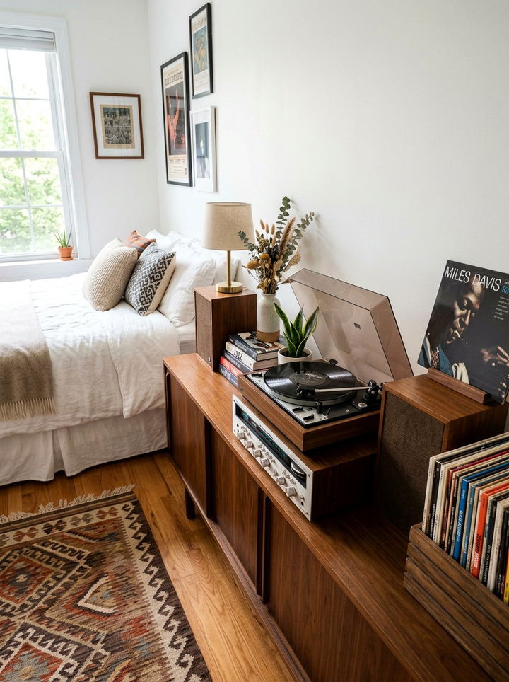 Vintage Record Player Setup - 30 mid-century modern bedroom ideas