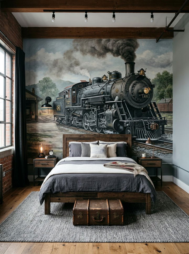 Vintage Steam Engine Mural - 30 train bedroom ideas