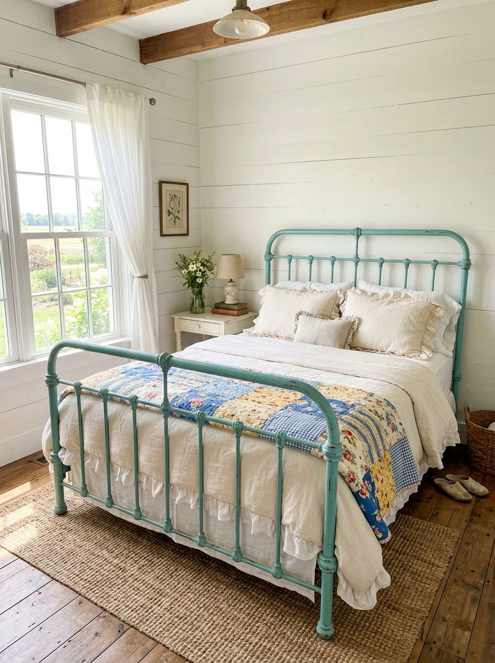 Vintage Teal Metal Bed Frame - 30 farmhouse teal bedroom ideas