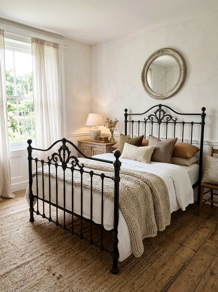 Vintage black iron bed frame - 30 farmhouse black bedroom ideas
