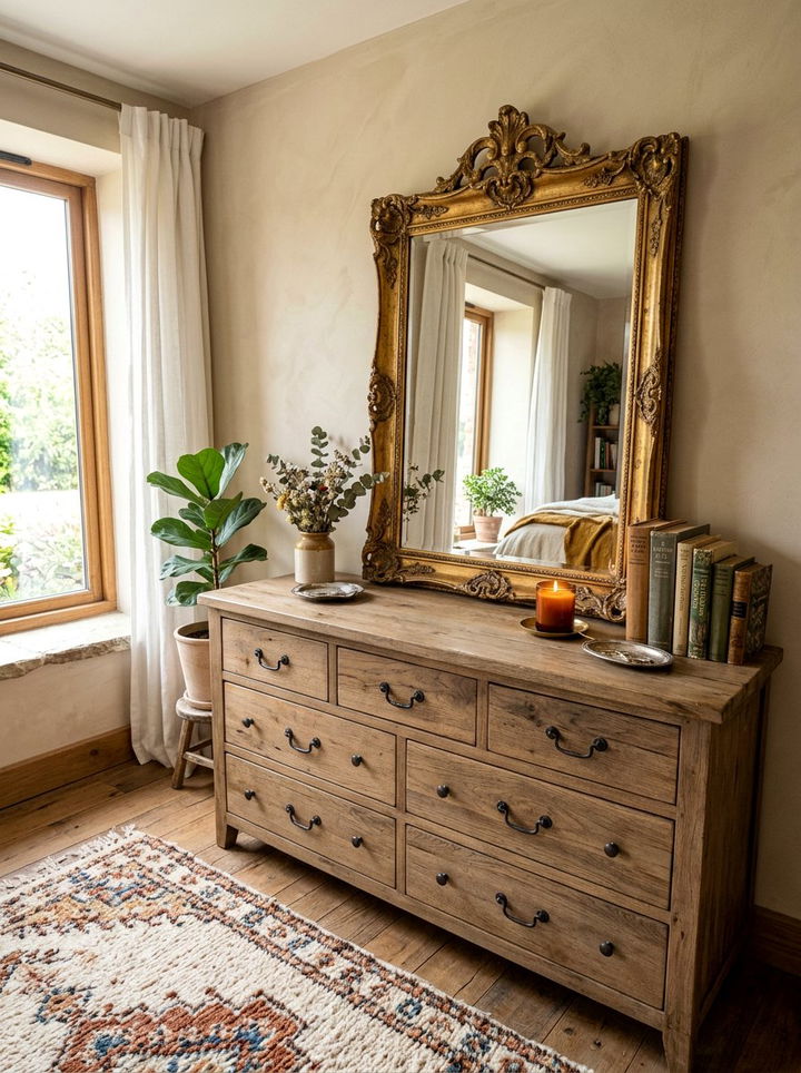 Vintage gold mirror on wood dresser - 30 bedroom dresser with mirror ideas
