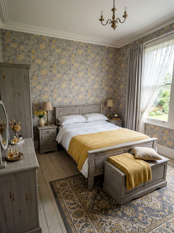 Vintage gray yellow floral bedroom - 30 gray yellow bedroom ideas