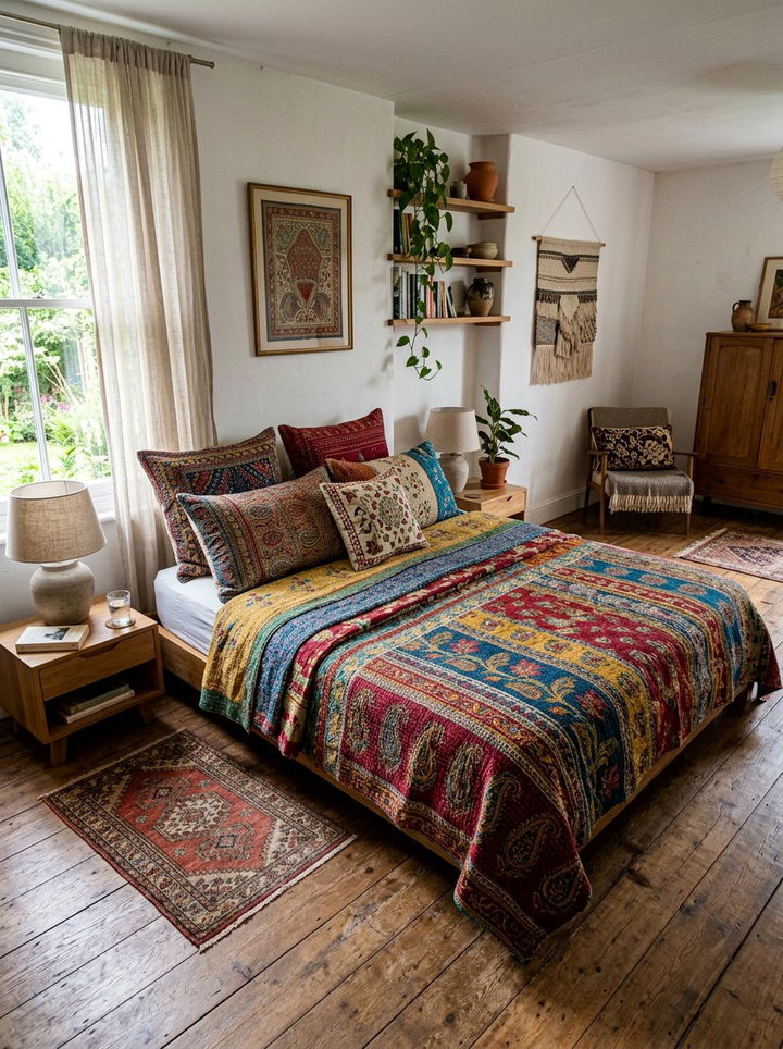 Vintage kantha bedding - 30 patchwork bedroom ideas