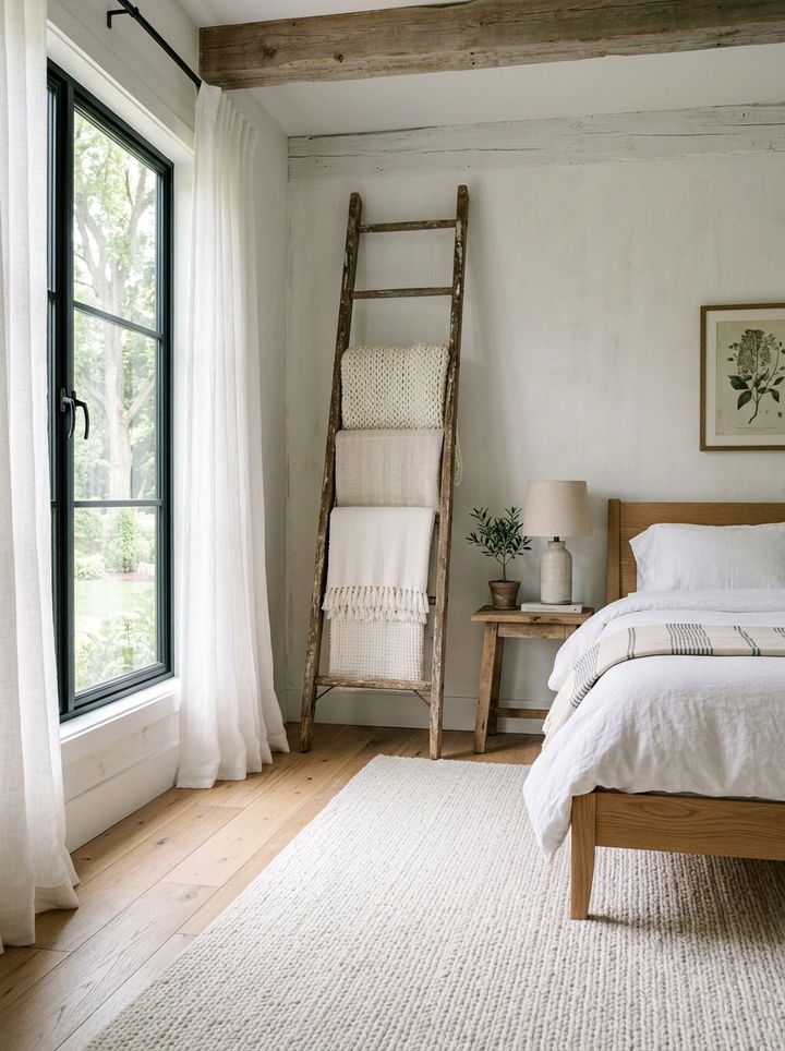 Vintage ladder towel rack - 30 rustic white bedroom ideas