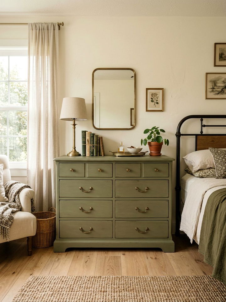 Vintage olive dresser - 30 olive and cream bedroom ideas