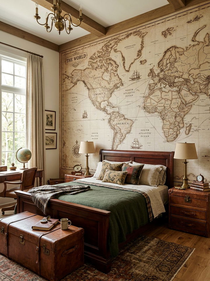 Vintage world map wall - 30 explorer bedroom ideas