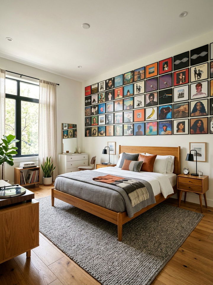 Vinyl Record Wall Bedroom - 30 music themed bedroom ideas