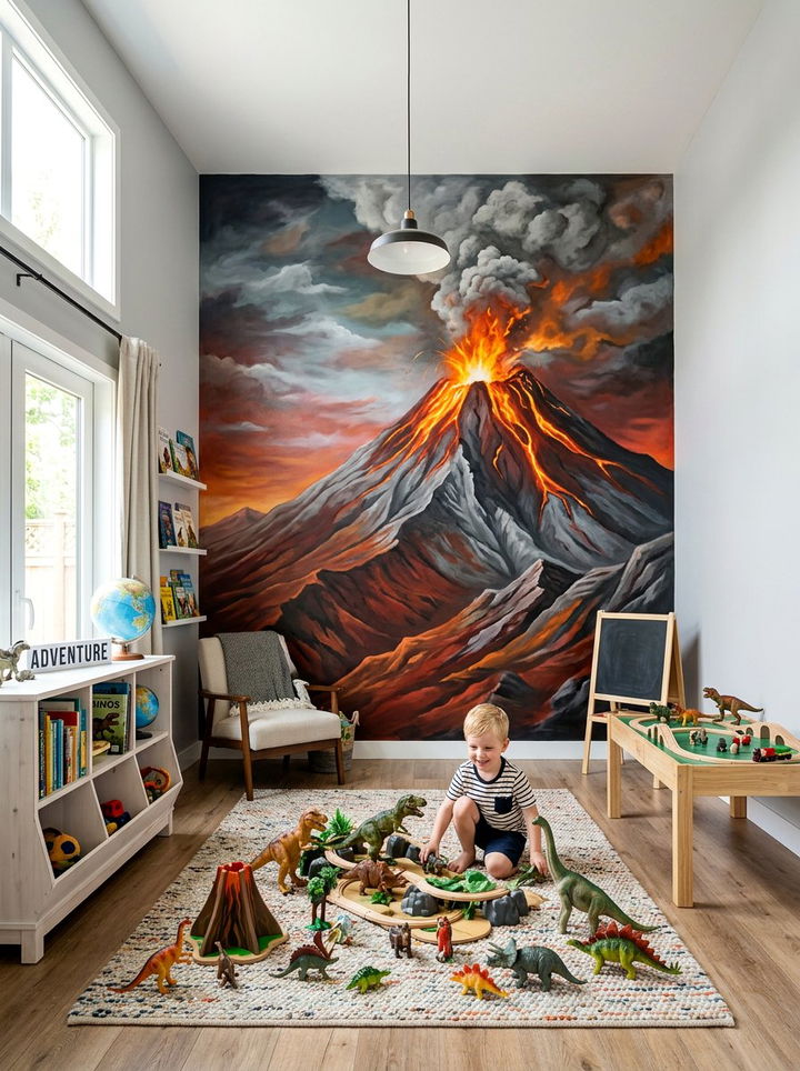 Volcano Accent Wall - 30 dinosaur bedroom ideas