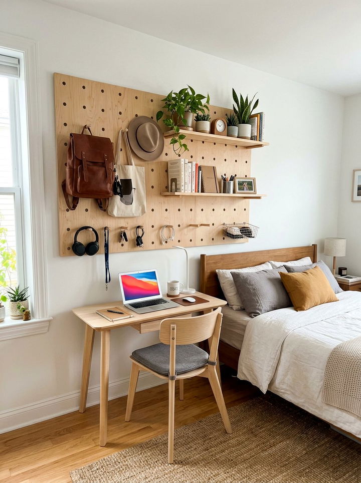 Wall Pegboard Bedroom Organizer - 30 compact bedroom ideas