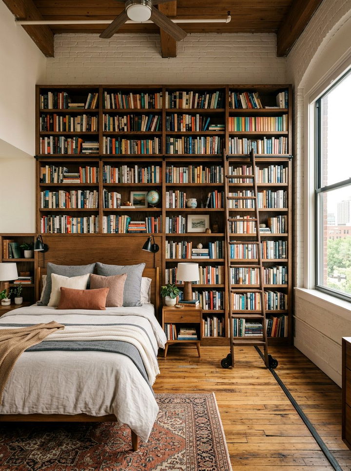 Wall To Wall Bookshelf - 30 loft style bedroom ideas