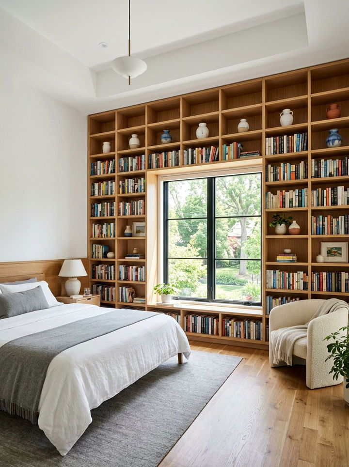 Wall To Wall Shelving - 30 bedroom built-in storage ideas