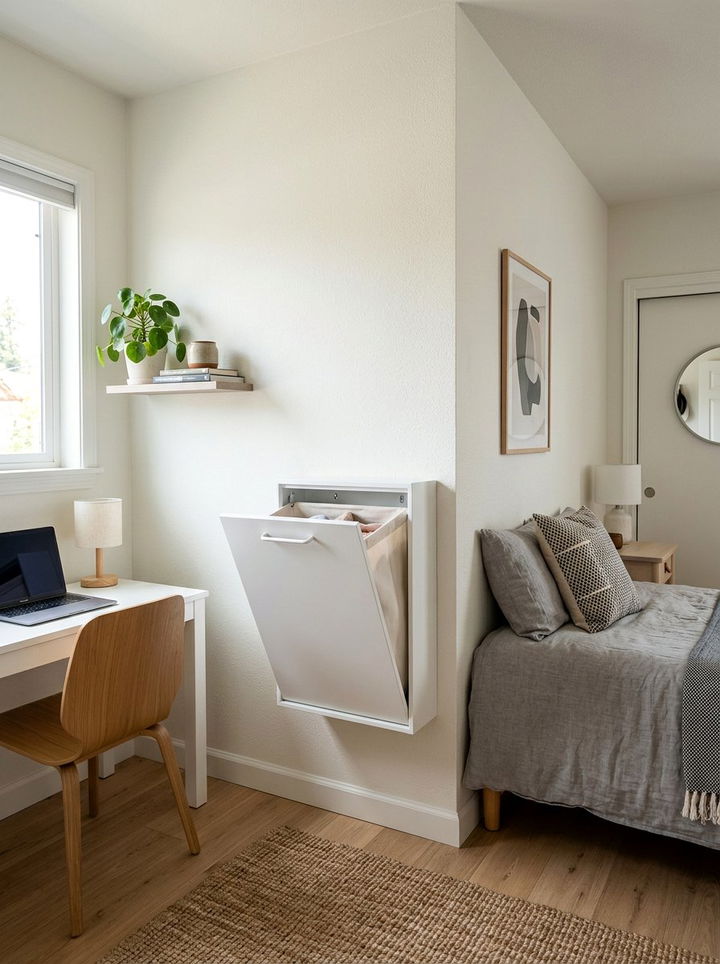 Wall mounted laundry basket - 30 bedroom dirty clothes storage ideas