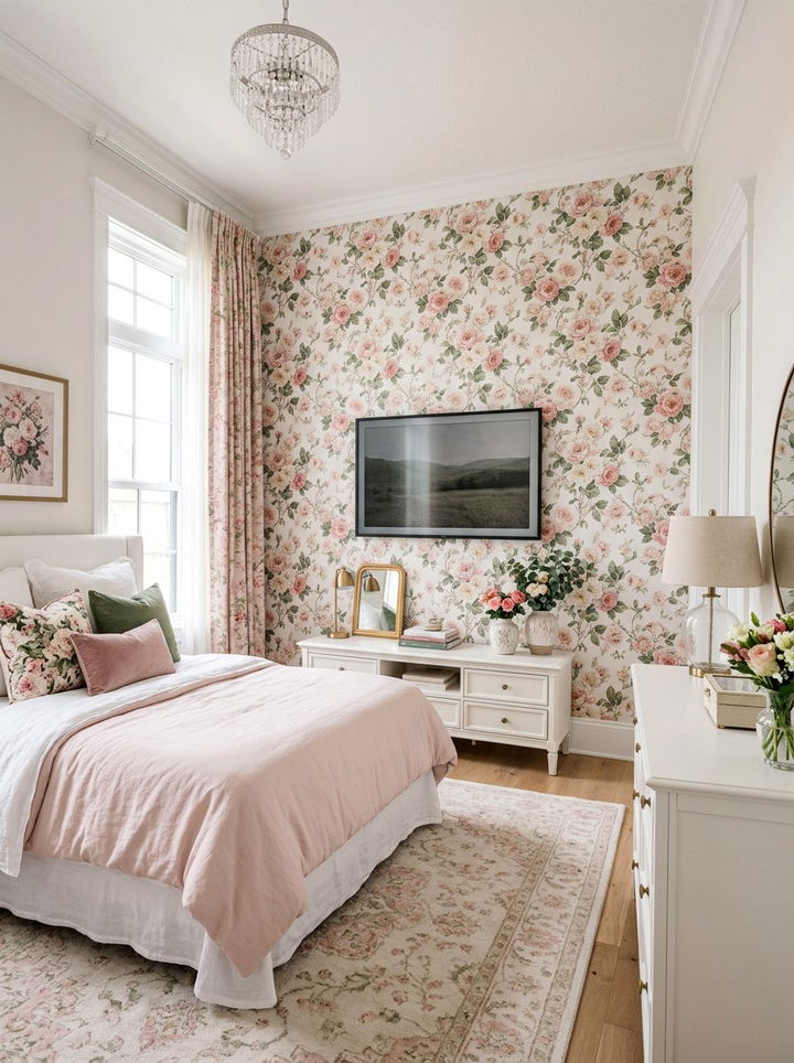 Wallpapered tv accent wall - 30 bedroom tv ideas