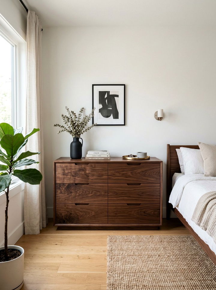 Walnut Dresser Storage - 30 warm minimalist bedroom ideas