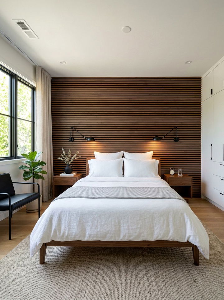 Walnut Slat Wall - 30 warm brown bedroom ideas
