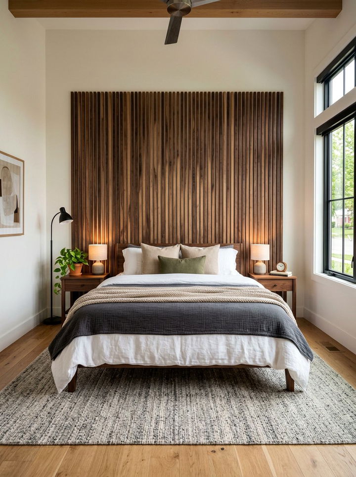 Walnut Timber Slat Headboard - 30 walnut tone bedroom ideas