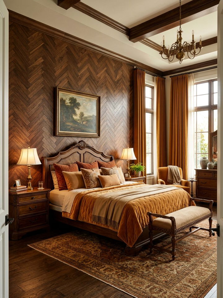 Walnut Wood Herringbone Wall - 30 bedroom herringbone wall ideas