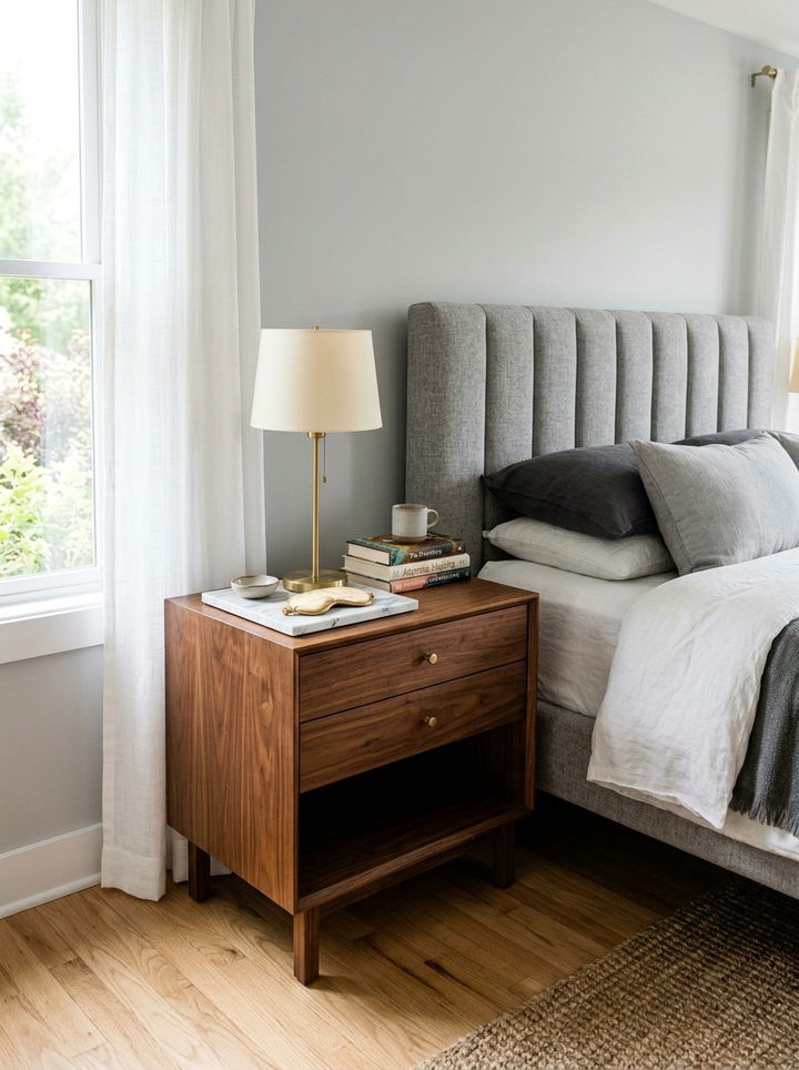 Walnut Wood Nightstand - 30 mid-century glam bedroom ideas