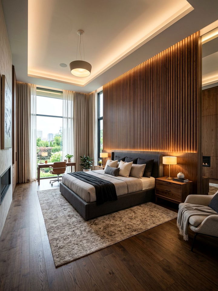 Walnut accent wall - 30 bedroom walnut furniture ideas