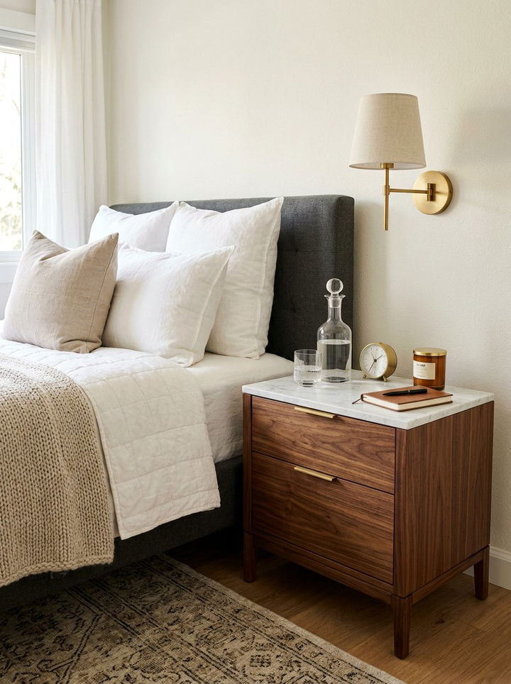 Walnut nightstand with marble top - 30 bedroom walnut furniture ideas