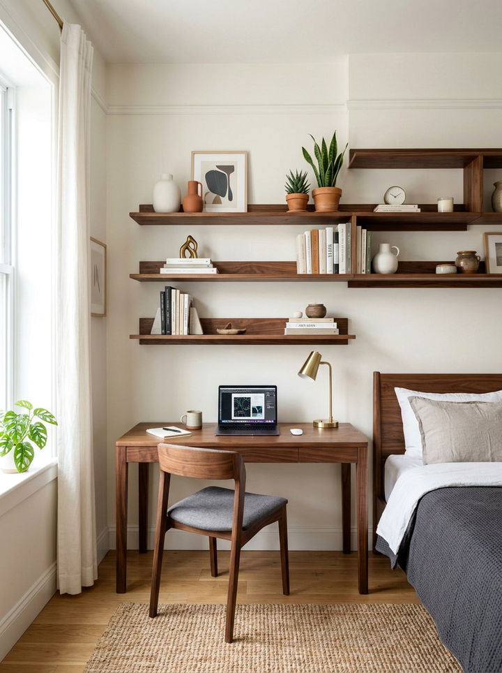 Walnut wall shelving - 30 bedroom walnut furniture ideas