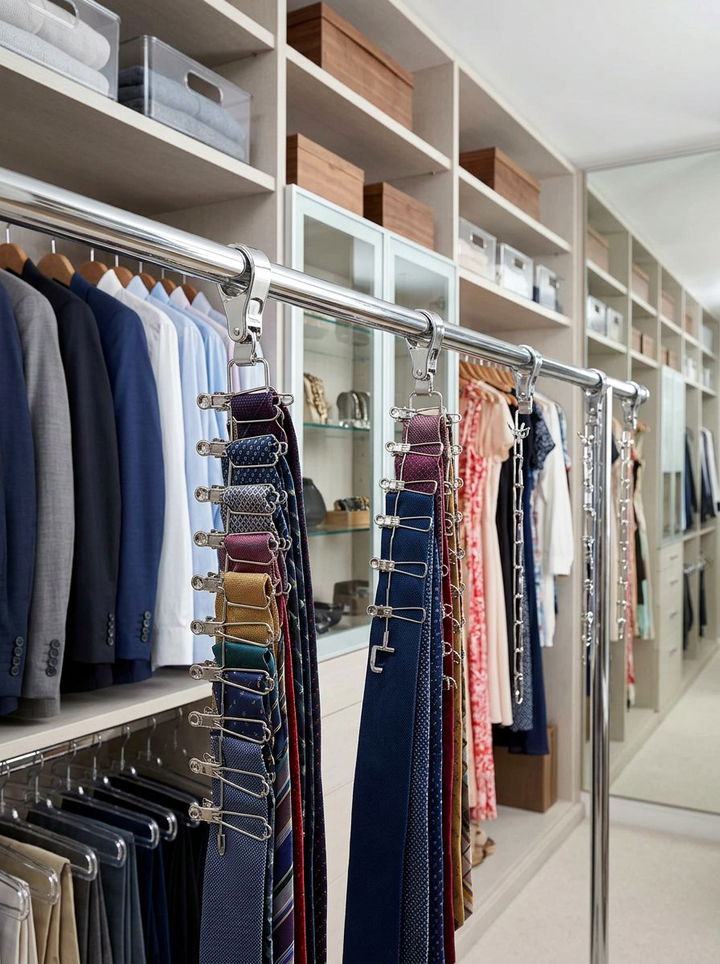 Wardrobe Rail Tie Clip - 30 bedroom tie storage ideas