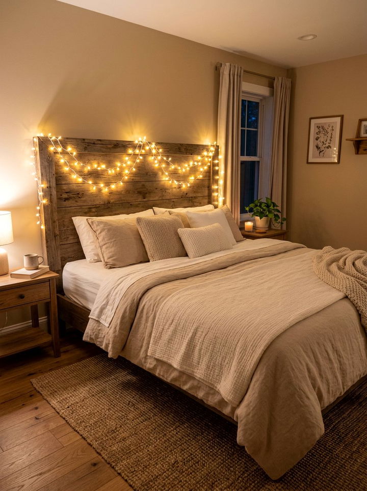 Warm String Lighting - 30 bohemian beige bedroom ideas