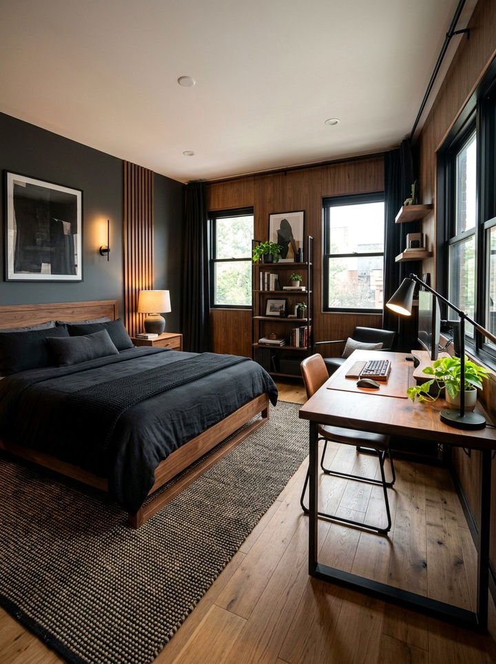 Warm Wood Black Accent - 30 streaming setup bedroom ideas