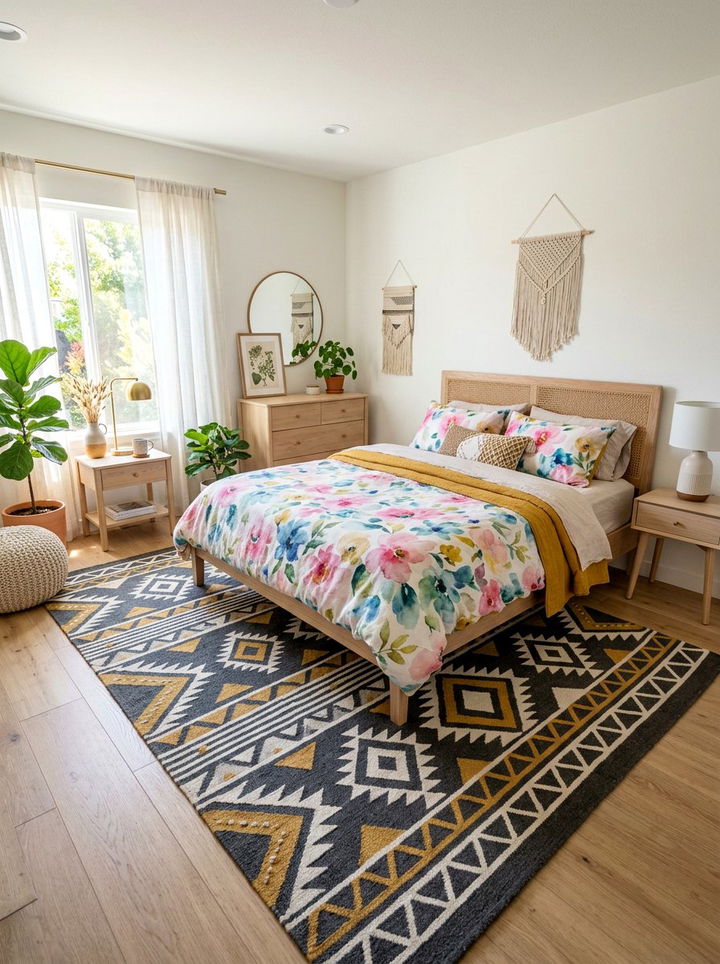 Watercolor Floral Bedding Geometric Rug - 30 bedroom pattern mixing ideas