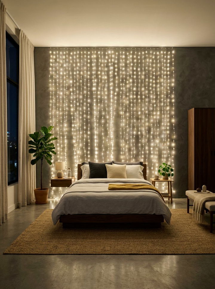 Waterfall string lights on wall - 30 bedroom string lights ideas
