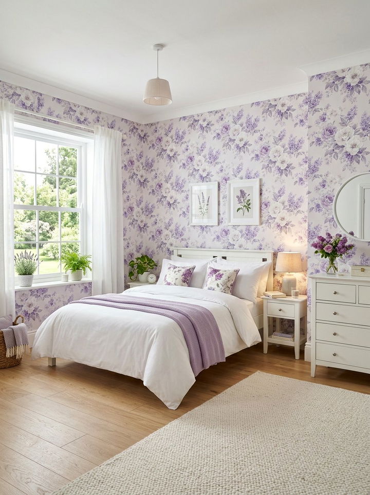 White And Purple Floral Wallpaper - 30 purple and white bedroom ideas
