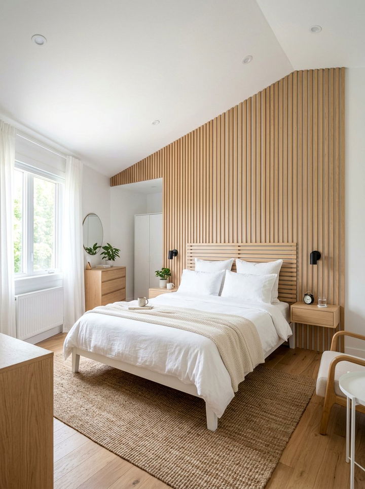 White Bedroom Slatted Wood Wall - 30 scandinavian white bedroom ideas