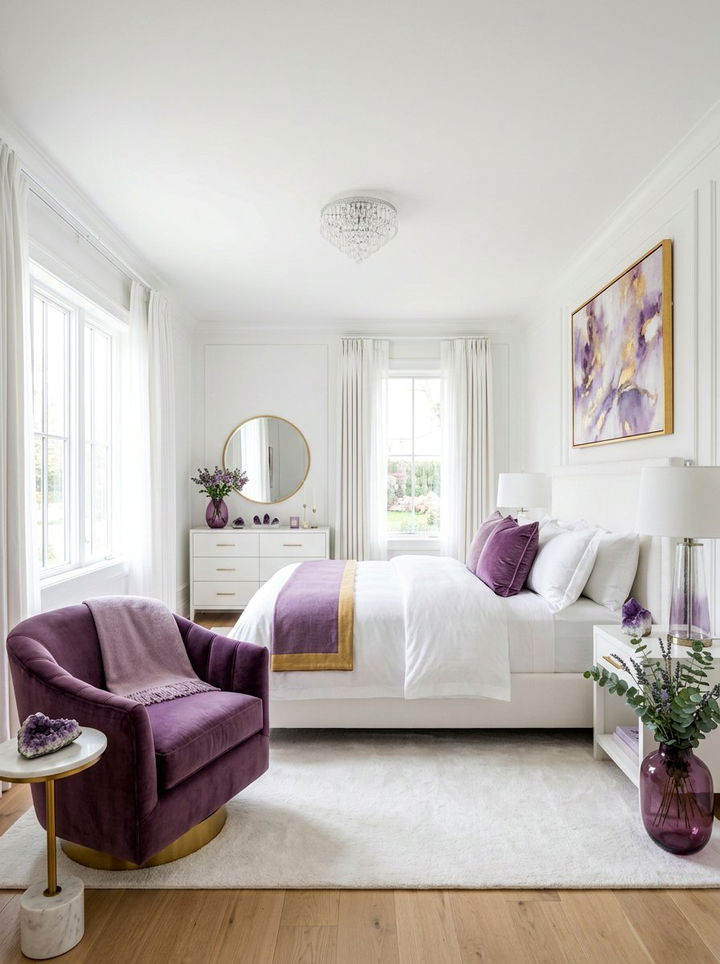 White Bedroom With Amethyst Accents - 30 purple and white bedroom ideas