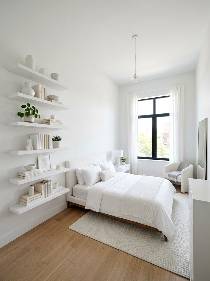 White Bedroom With Floating Shelves - 30 pure white bedroom ideas