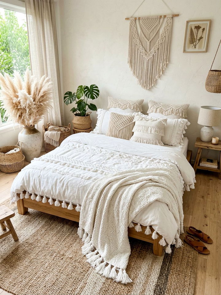 White Boho Bedding With Tassels - 30 bedroom white bedding ideas