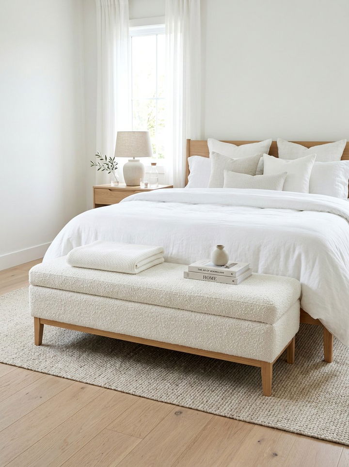White Boucle Bench - 30 warm minimalist bedroom ideas