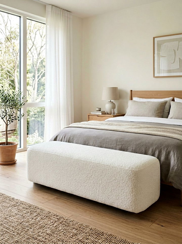 White Boucle Bench - 30 bedroom upholstered benches