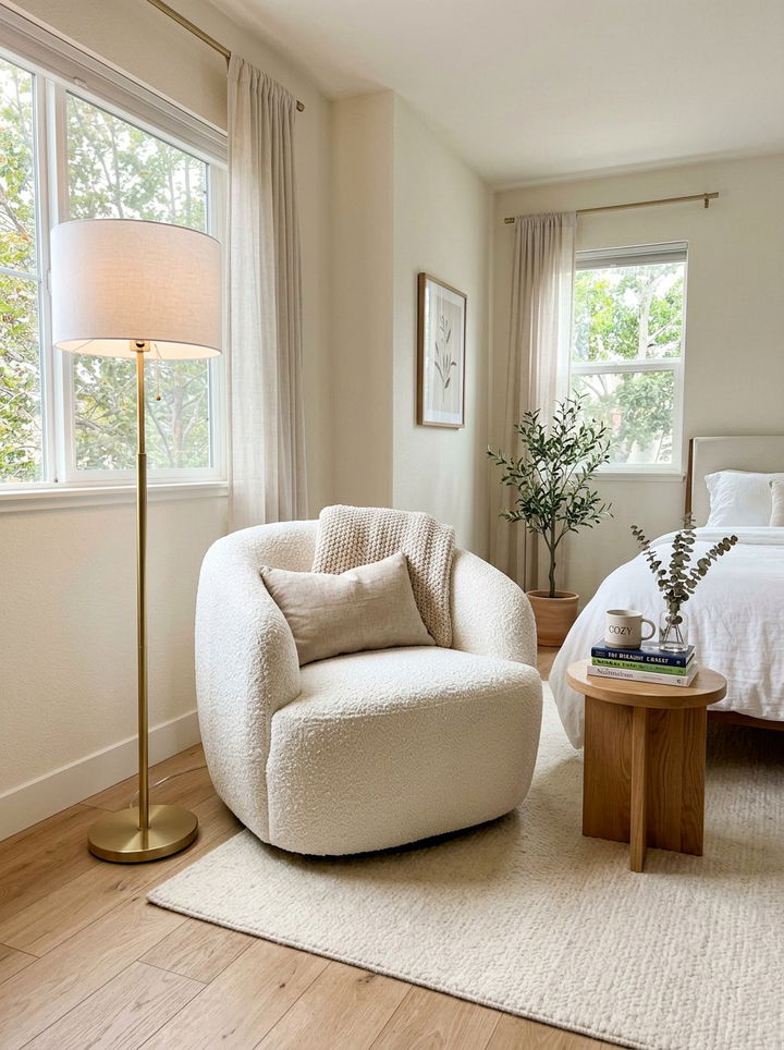 White Boucle Chair - 30 white bedroom accessories ideas