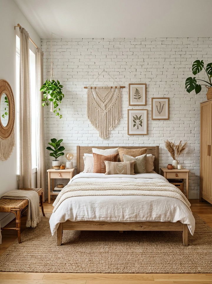 White Brick Wall - 30 bohemian white bedroom ideas