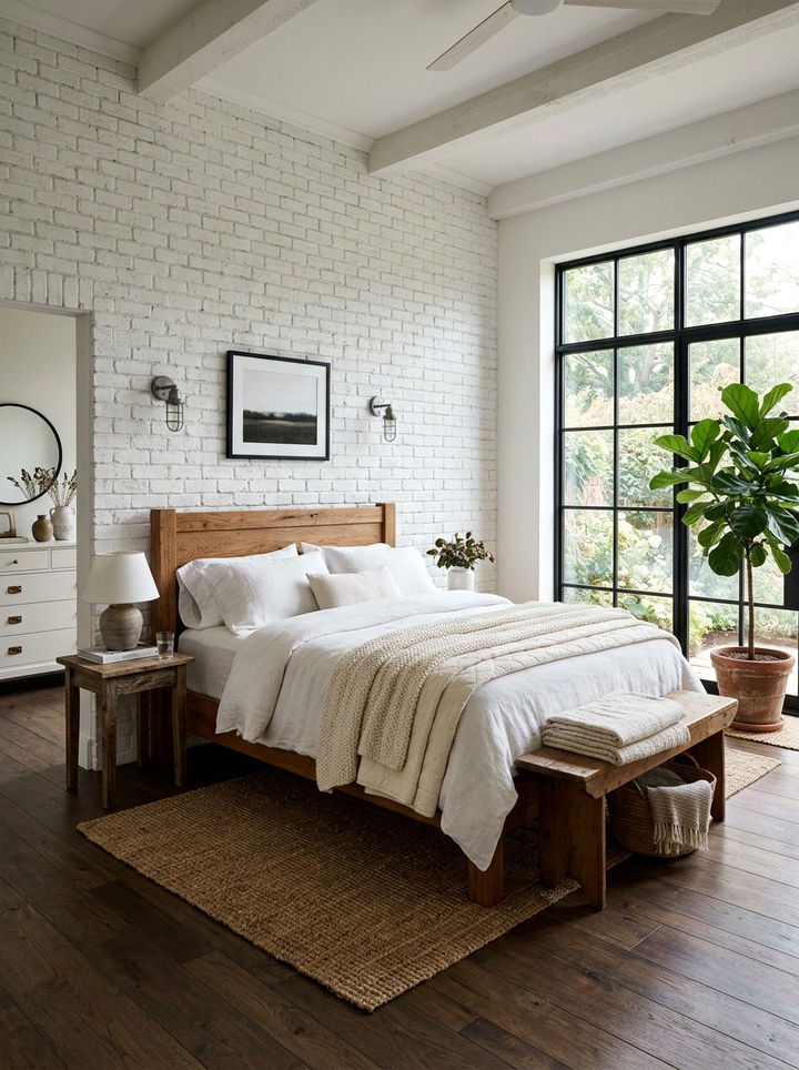 White Farmhouse Bedroom With Brick Wall - 30 farmhouse white bedroom ideas