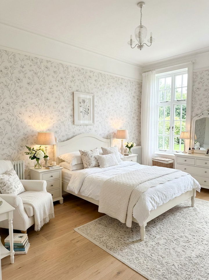 White Floral Wallpaper - 30 traditional white bedroom ideas
